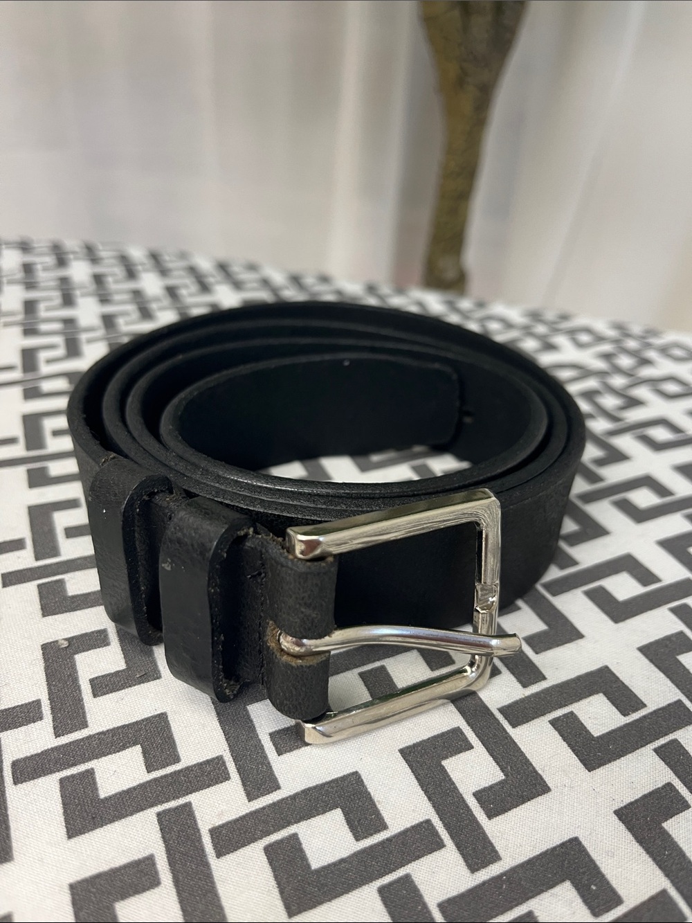Men's Black Leather Belt with Silver Buckle